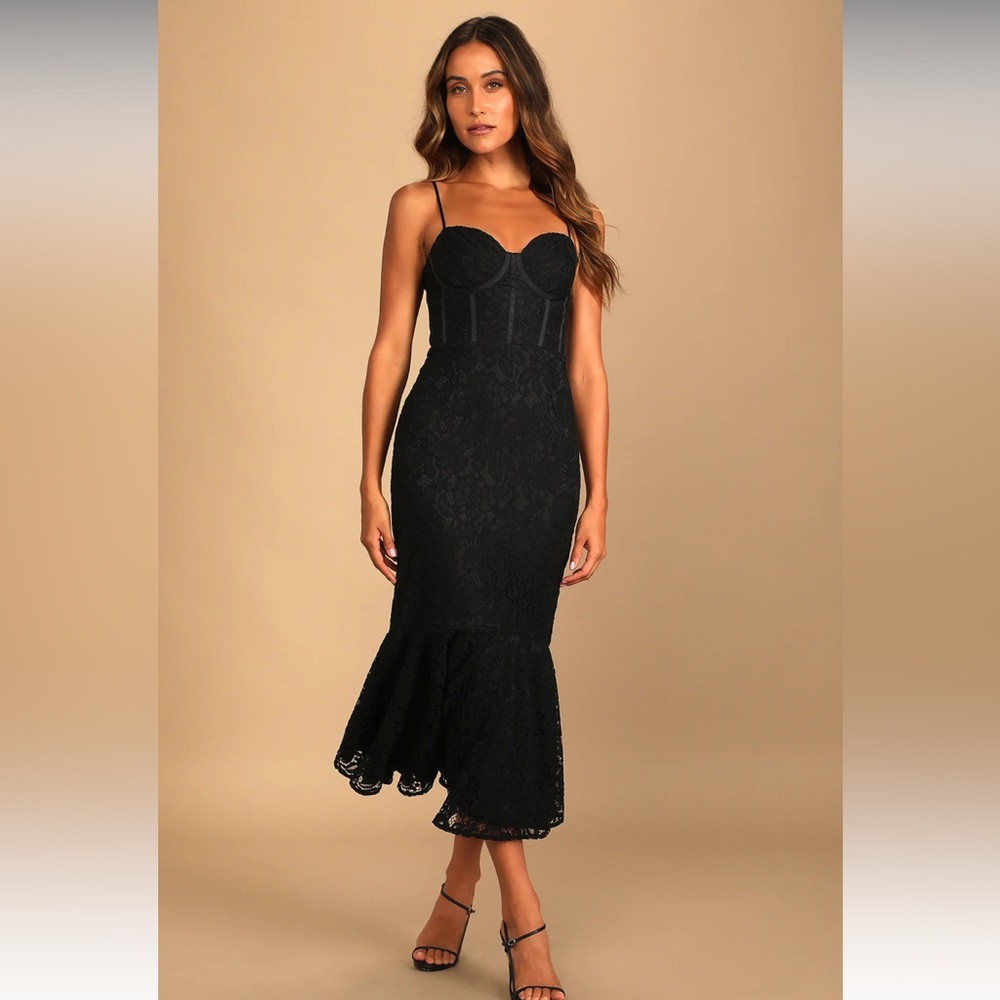 Lulu’s Found Your Love Black Lace Sleeveless Trumpet Midi Dress